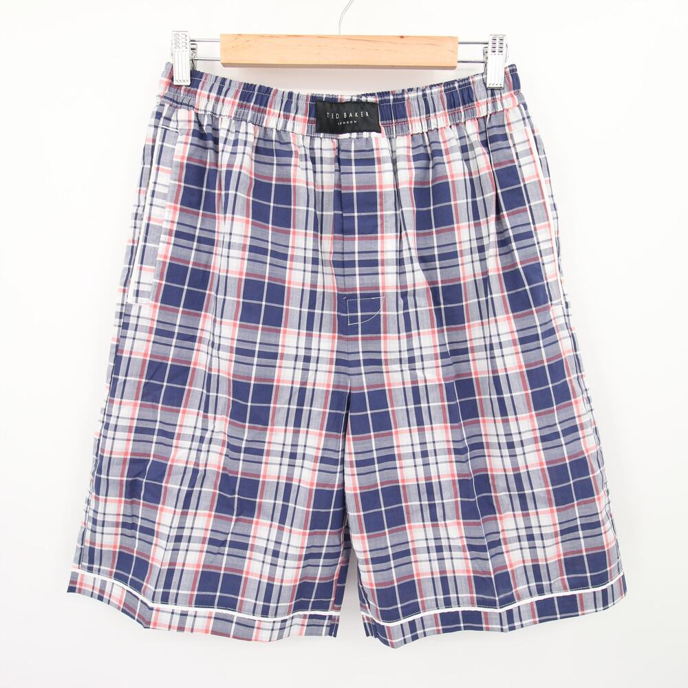 Ted Baker Men's Pajama Shorts Blue Red Plaid Luxe Print Boxer Style Size Small